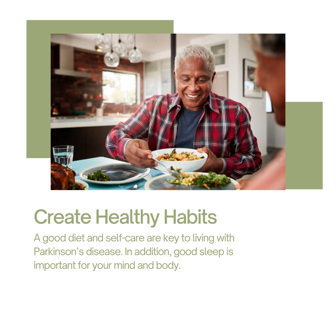 Man eating and smiling. Text below reads, 